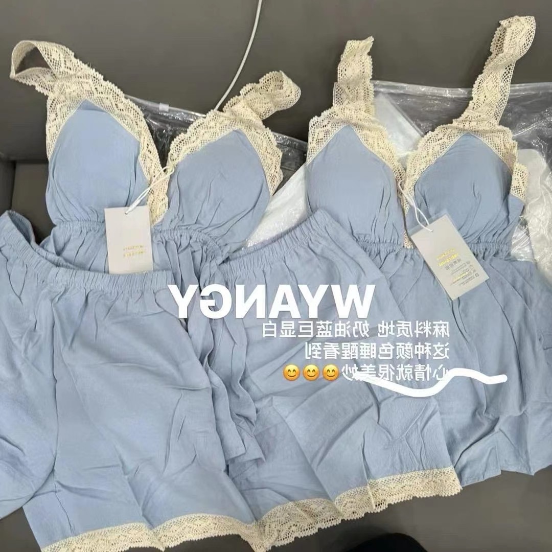 韓國東大門2024夏季新款超美蕾絲邊V領交叉吊帶寬鬆短褲睡衣套裝