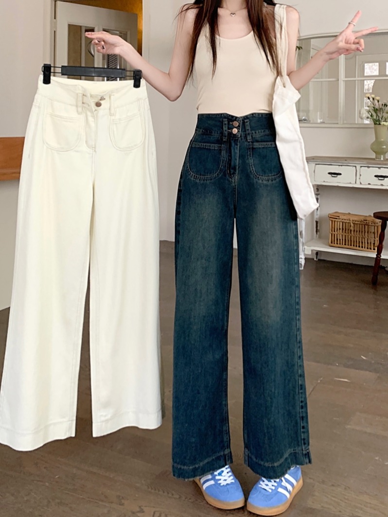 Actual shot#High-waisted straight-leg loose denim trousers for women with design sense waist two-button wide-leg trousers