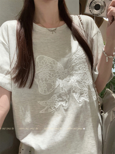 实拍：韩系chic刺绣蕾丝蝴蝶结上衣短袖套头T恤女2024新款
