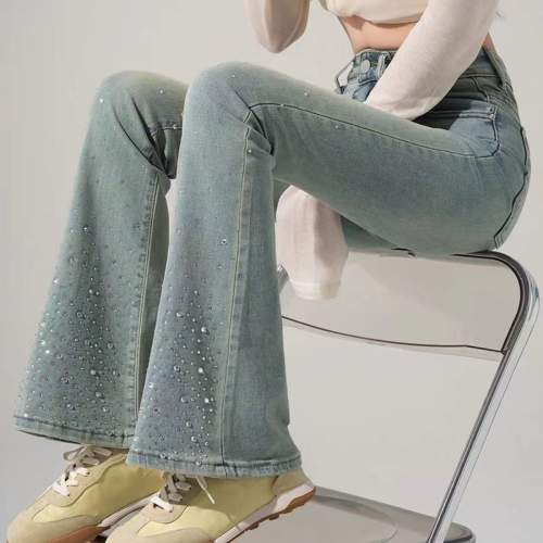 原版工艺 韩版高级时尚设计高腰显瘦百搭烫钻微喇叭牛仔长裤