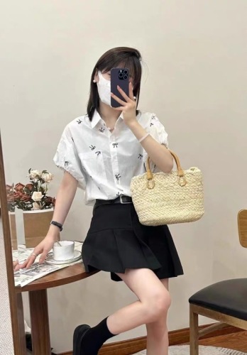 European bow printed short-sleeved shirt for women 2024 summer new design sweet shirt loose casual top