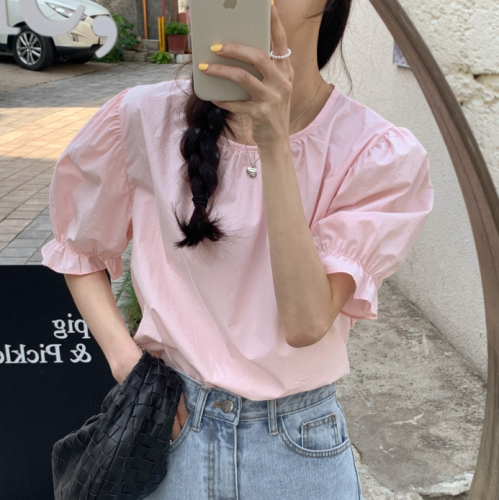 Pure cotton size update Korean chic summer design straps puff short sleeve shirt