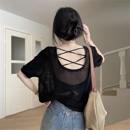 Real shot of hollow backless short top for women summer sweet and spicy waist ice silk knitted short-sleeved T-shirt