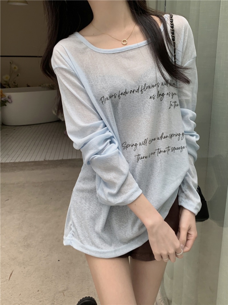 實拍 夏季新款慵懶oversized微透防曬長袖上衣T恤女