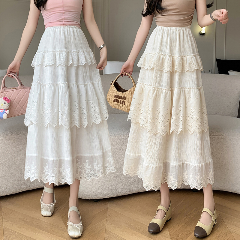 Photographed 2024 Solid Color Edge Large Swing Semi-Skirt Women's New High-Waist A-Line Skirt with Drape Cake Skirt Long Dress Sweet