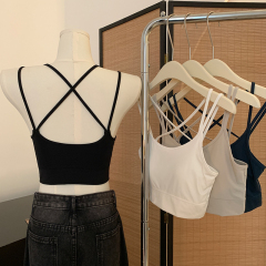 Real shot of sling ice silk underwear bra fixed cup cross beautiful back anti-exposure tube top women's chest wrap