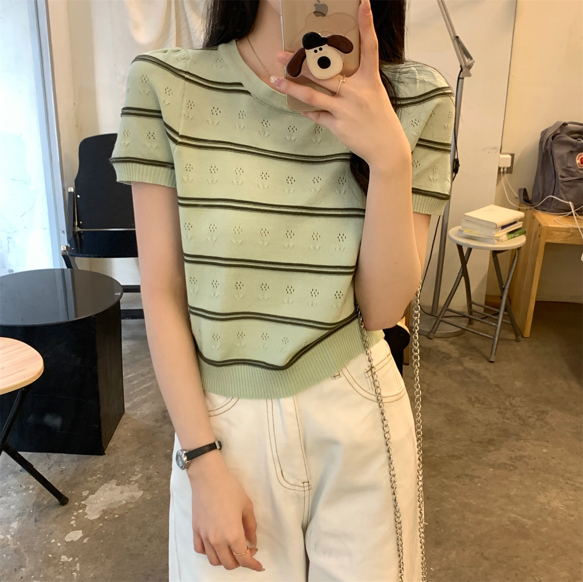 實拍 夏季韓版百搭撞色條紋鏤空勾花設計感針織短袖上衣女