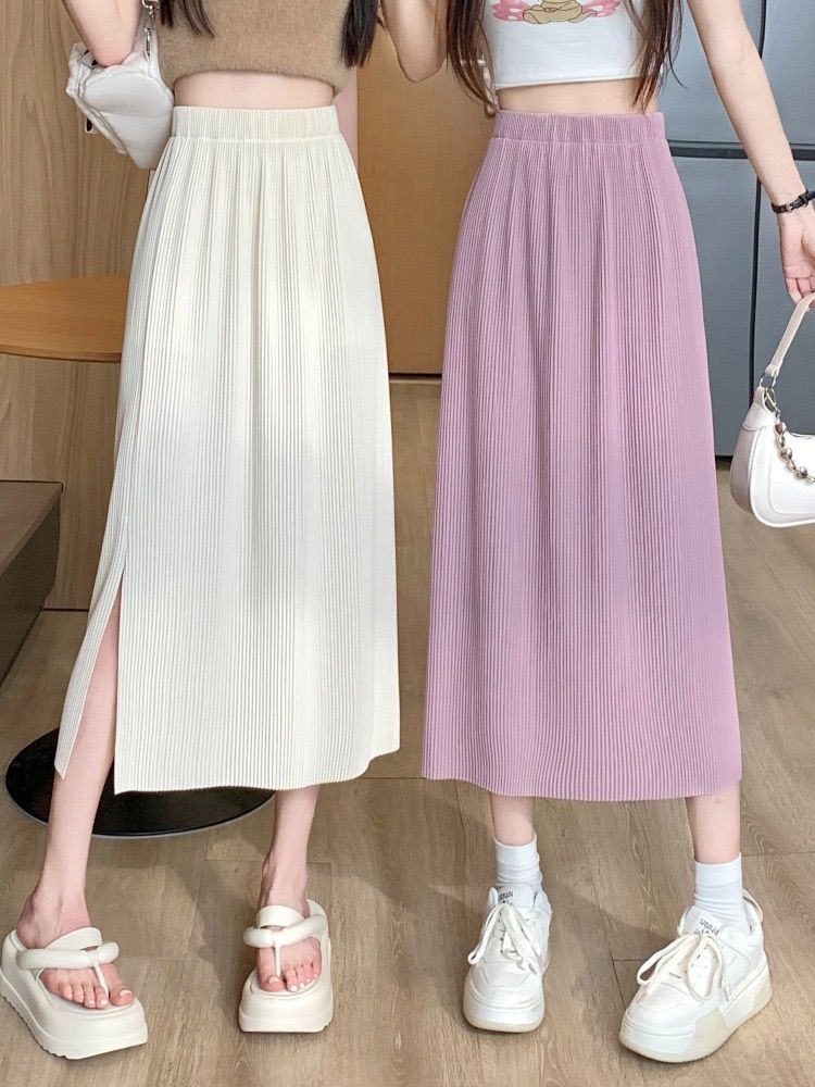 Loose Pencil Skirt for Plus-Size Women, Summer V-Neck Mini Skirt with High Waist, Fashion Split Hem Skirt, Knee-Length A-Line Skirt