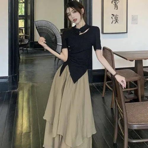 中国风设计感不规则镂空短袖上衣高腰半身裙女夏季2024新款两件套