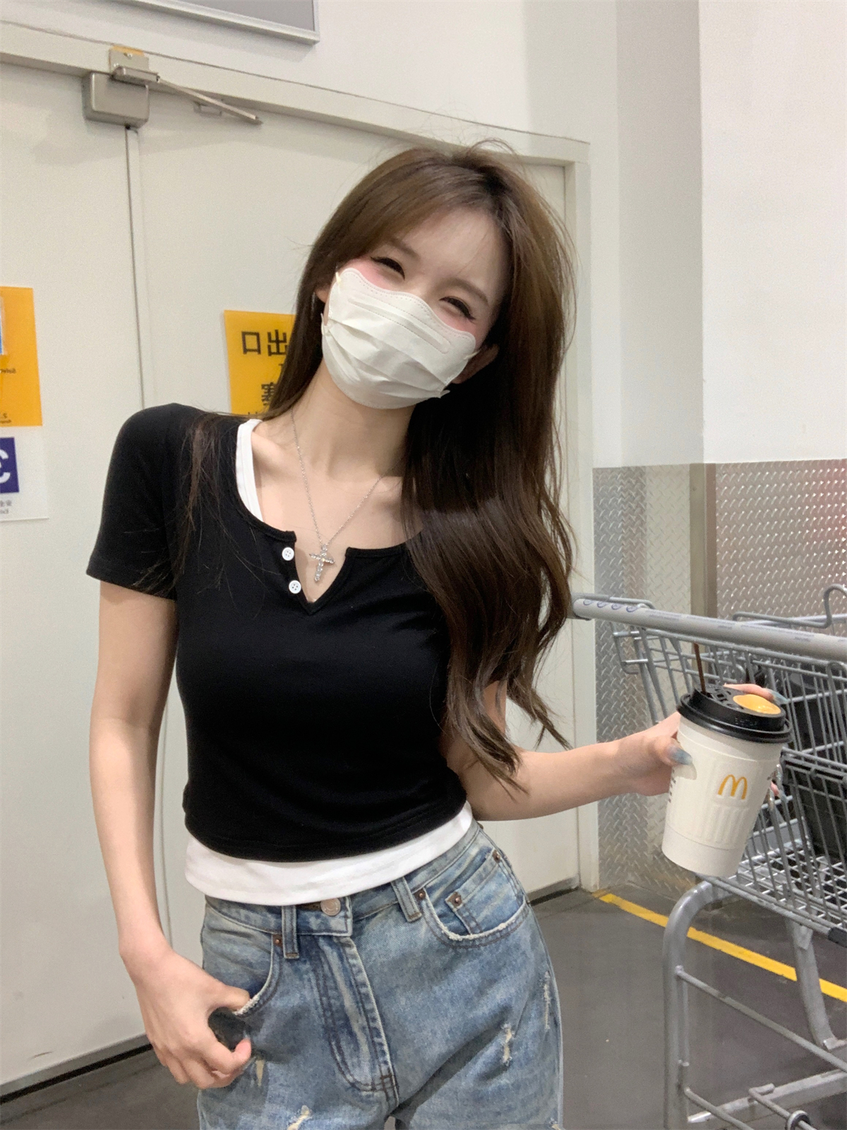 實拍 夏季韓版修身撞色假兩件紐扣設計感百搭純棉短袖T恤上衣