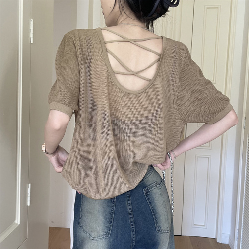 Real shot of hollow backless short top for women summer sweet and spicy waist ice silk knitted short-sleeved T-shirt