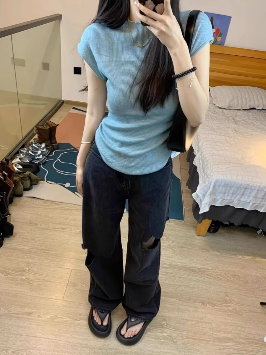 夏季圓領收腰辣妹藍色背心t恤女修身顯瘦輕薄溫柔風純欲短袖上衣