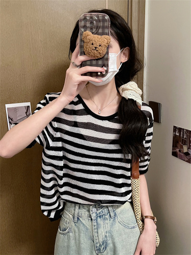 Real shot of hollow backless short top for women summer sweet and spicy waist ice silk knitted short-sleeved T-shirt
