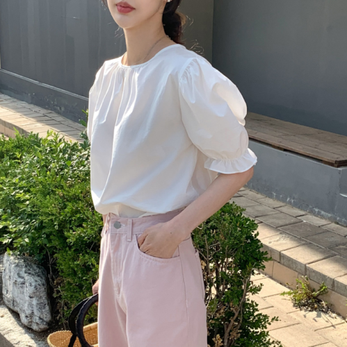 Pure cotton size update Korean chic summer design straps puff short sleeve shirt