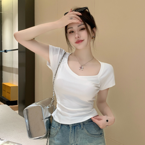 Actual shot of 2024 summer Korean style slim raglan irregular square collar pleated design pure cotton short-sleeved T-shirt top