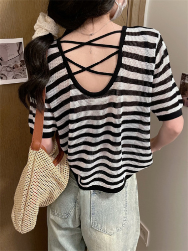 Real shot of hollow backless short top for women summer sweet and spicy waist ice silk knitted short-sleeved T-shirt