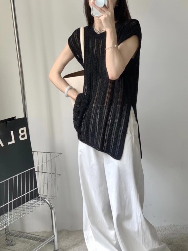 Korean style sexy 2024 summer new twist pattern side slit mid-length knitted top for women