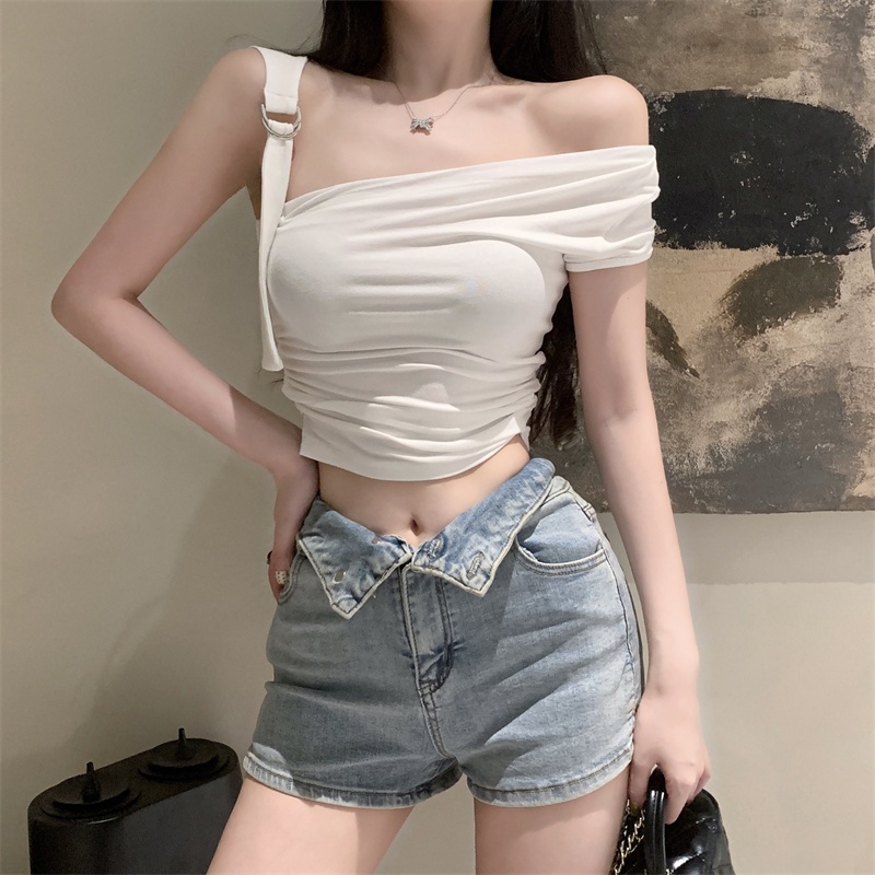 實拍 設計感單肩銀扣上衣女小眾辣妹性感修身短款背心內搭