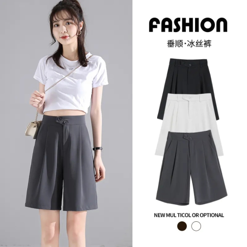 Suit shorts for women, summer thin, small, loose, wide-leg, mid-pants, high-waisted, A-line, slim and drapey 5-point pants