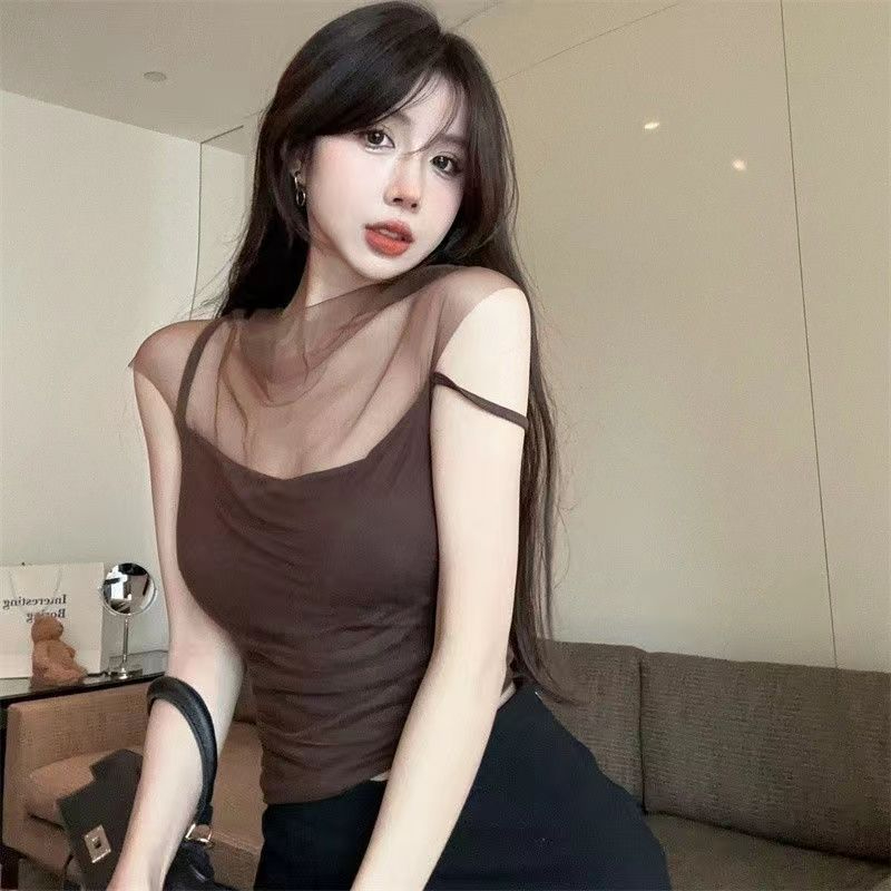 莫代爾拼網紗雙層原版做法設計感拼接女裝吊帶夏季新款別致上衣