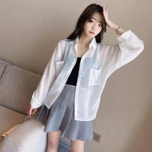 Korean women's loose and versatile chiffon shirt sun protection top with bat sleeve cardigan