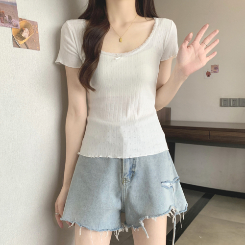 155# 实拍  提花蕾丝 2024夏装蕾丝镂空短袖T恤女小众