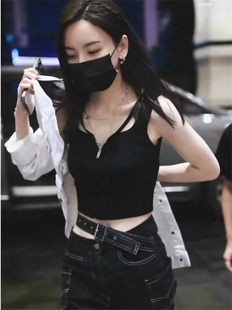 於文文同款黑色小吊帶背心女夏季外穿西裝內搭打底衫辣妹短款上衣