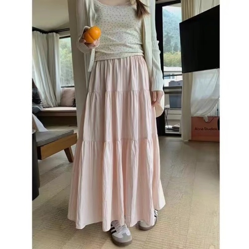 Wu 77 gentle style pink skirt for women sweet age reduction waist slimming layered small A-line long skirt spring