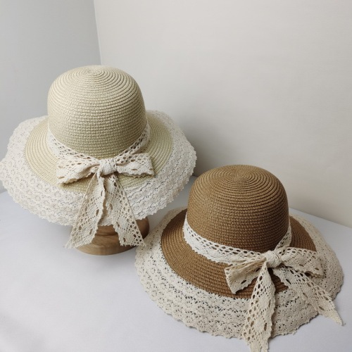 可折叠草帽女夏季蕾丝花边透气盆帽大沿防晒帽沙滩出游遮阳帽子