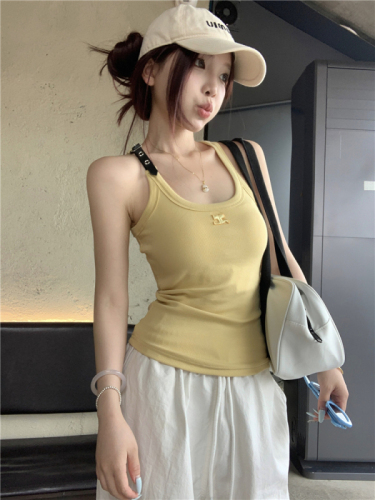 Real shot ~ American hot leather buckle U-neck knitted vest for women summer slim-fitting outer suspender top