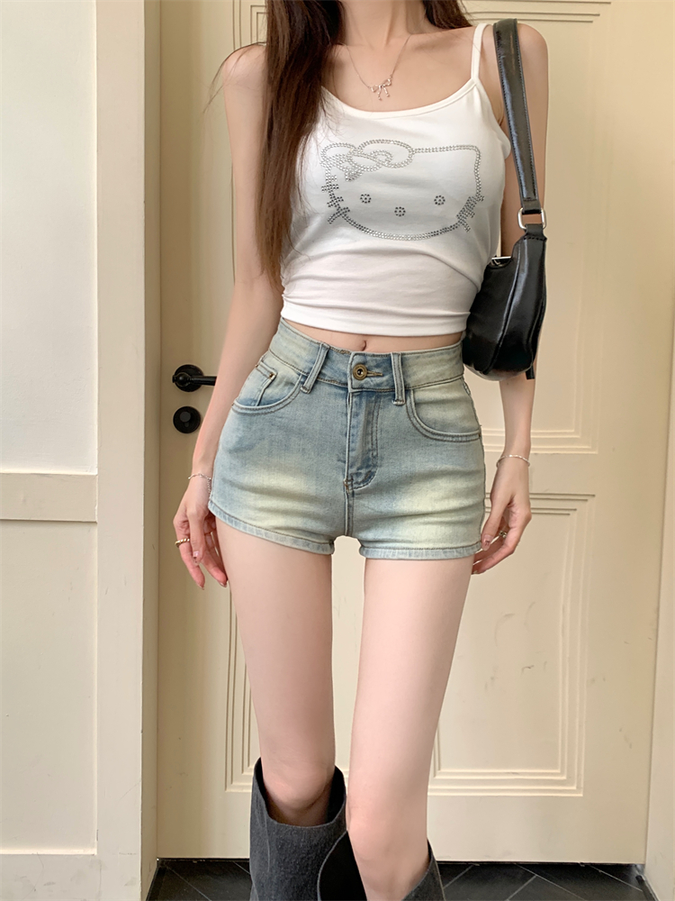 Actual shot ~ American hot pants, hot girl denim shorts, women's high-waisted A-line slimming and versatile tight shorts