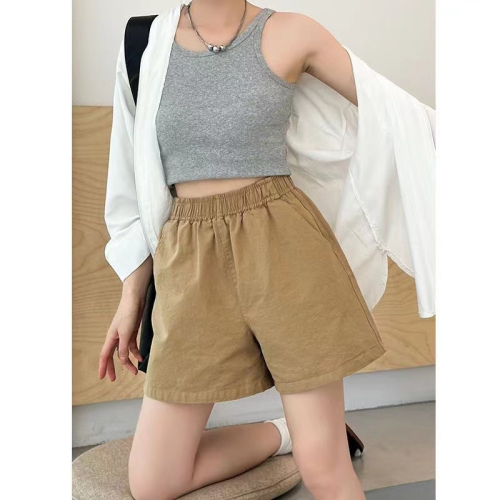 Summer Korean style a-line high-waisted slimming A-line wide-leg elastic waist fashionable loose khaki shorts for women