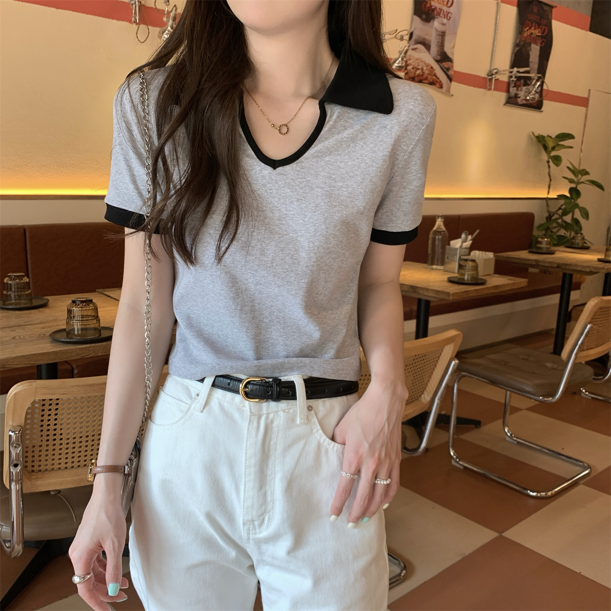 實拍 夏季韓版修身正肩撞色polo領百搭純棉短袖T恤上衣女