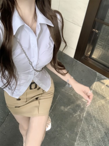 实拍  韩女收腰衬衫+双排扣腰带设计感包臀裙