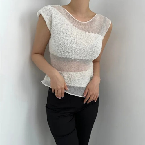 24 Summer Korean high-end irregular and chic top and vest design spliced ​​thin ice silk sweater 7508