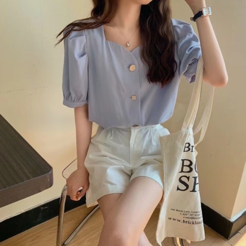 Korean style puff sleeve French retro short top design niche square neck short sleeve chiffon shirt for women