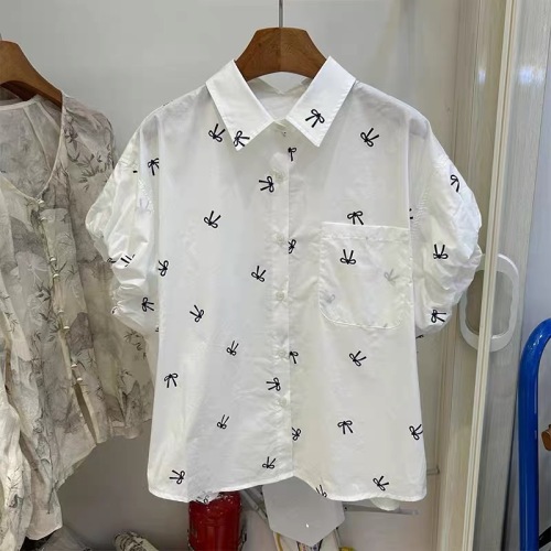 European bow printed short-sleeved shirt for women 2024 summer new design sweet shirt loose casual top