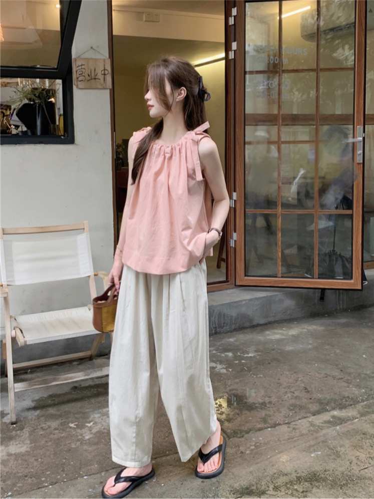 Real shot!  Loose slim linen suspender vest top + small versatile loose drawstring wide-leg pants