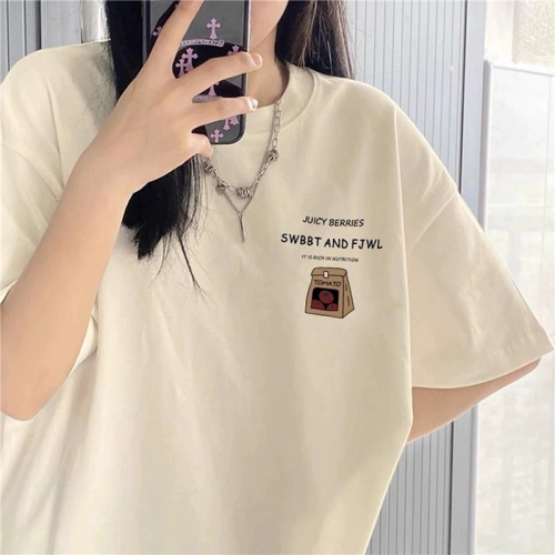 2024 Summer Small Loose Cotton Right Shoulder Short Sleeve T-Shirt Women's Versatile Oversize Covering Flesh Slimming Top