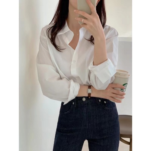 Pure cotton long-sleeved white shirt for women, simple commuting Korean style bottoming, versatile, loose and temperament, worn inside the polo collar