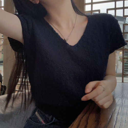 韩国chic夏季百搭V领短袖纯色薄针织上衣女