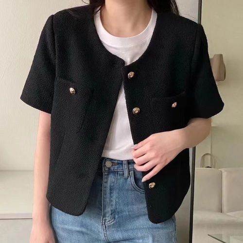 Korean chic summer new French style round neck loose and versatile short-sleeved tweed short coat for women