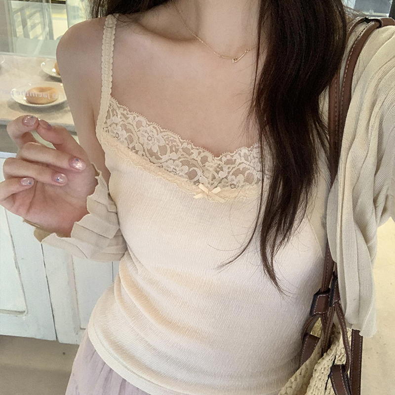 實拍圖法式別致性感辣妹蕾絲花邊蝴蝶結吊帶女夏2024新款內搭上衣