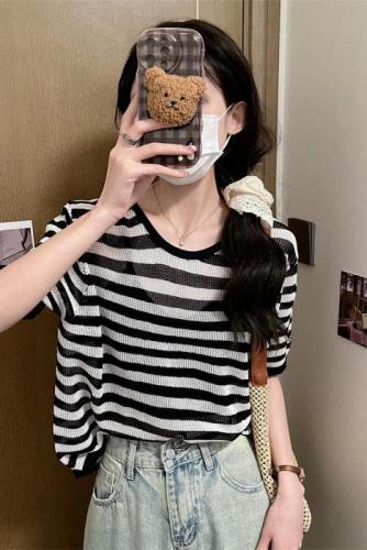 Real shot of hollow backless short top for women summer sweet and spicy waist ice silk knitted short-sleeved T-shirt