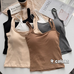 Real shot of summer solid color sexy versatile camisole with breast pads for outer wear and beautiful back sleeveless top