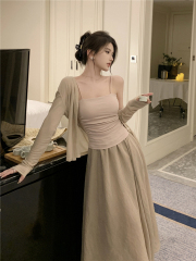 實拍復古純欲溫柔性感內搭胸墊吊帶+慵懶風防曬開衫+高腰大擺裙女