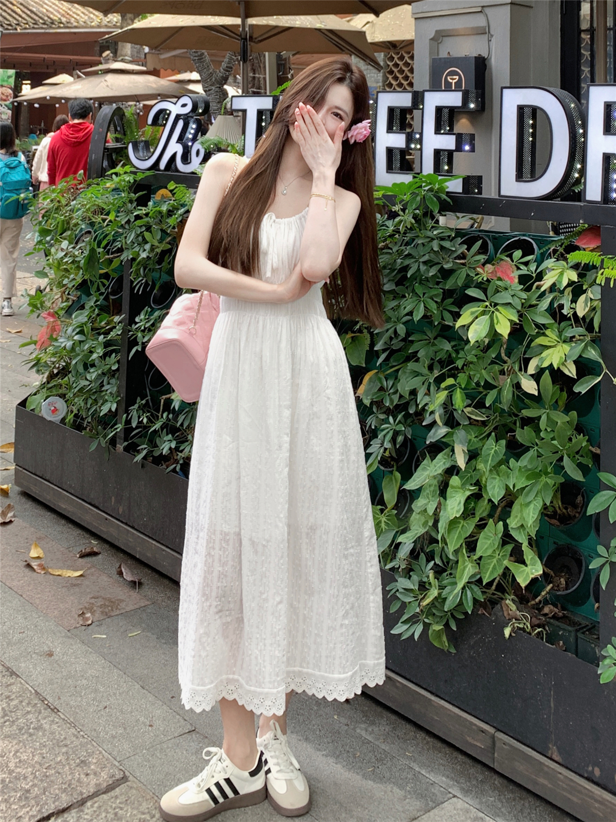 Real shot of summer new Korean style fresh suspender dress for women French gentle first love white skirt long skirt