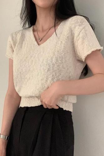 韩国chic夏季百搭V领短袖纯色薄针织上衣女