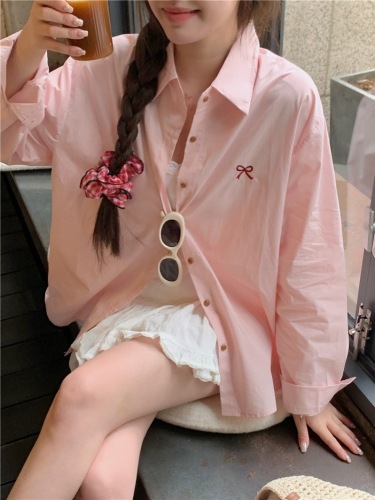 Gentle style pink bow embroidered polo collar shirt for women spring 2024 new loose casual long-sleeved top