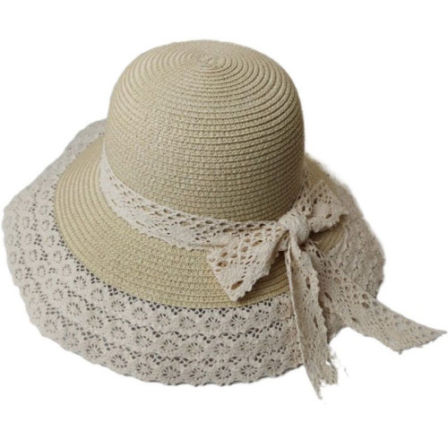 可折叠草帽女夏季蕾丝花边透气盆帽大沿防晒帽沙滩出游遮阳帽子